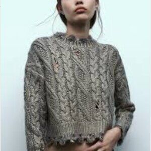 ZARA NEW WOMAN CABLE-KNIT METALLIC SWEATER FRAYED RIPPED